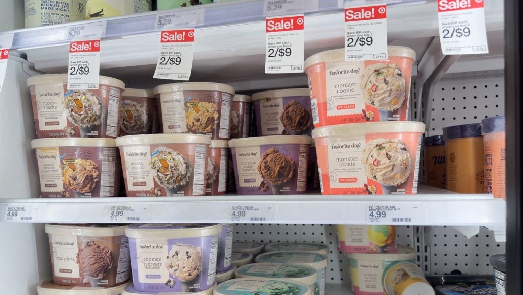 Cartons of Favorite Day private-label ice cream at a Target store